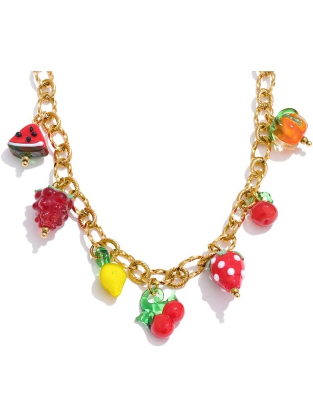 Charming Gold Chunky Necklace with Ocean & Fruit Charms | Boho Vacation Jewelry